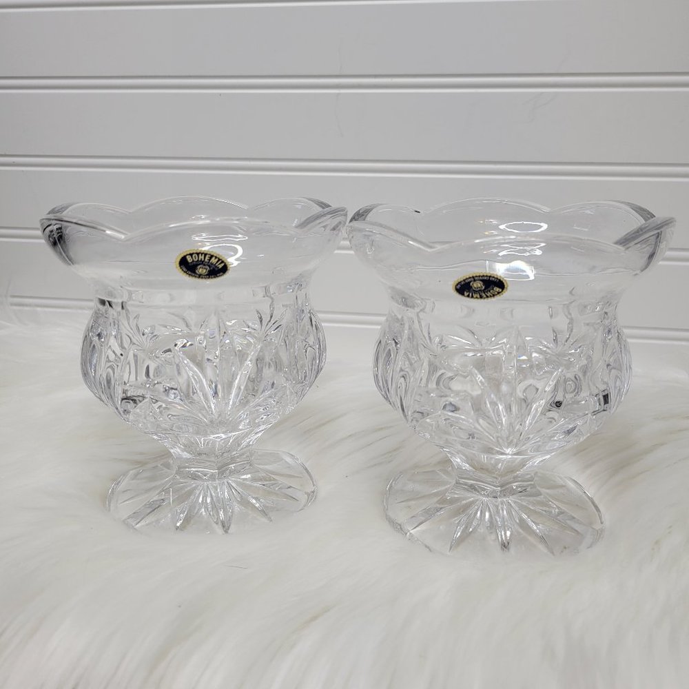 (2) Vintage Bohemia Czech Hand Cut 24% Lead Crystal Heavy Pedestal Bowl 5.5"